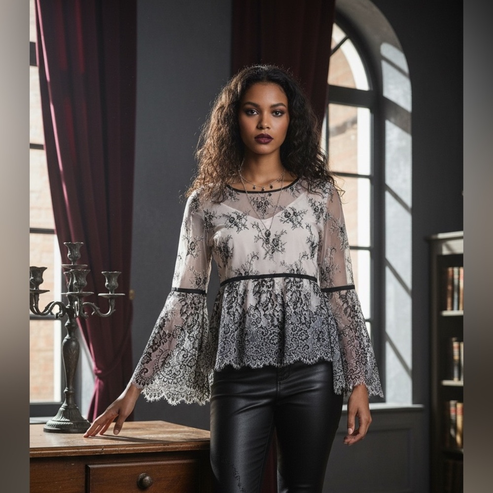 Whimsigoth Victorian Fairy Witchy Romantic Lace Bell Sleeve Top Size 10 M B-020